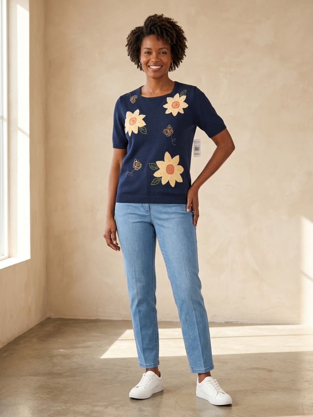 Vintage Alfred Dunner Blue Flower Short Sleeve Sweater